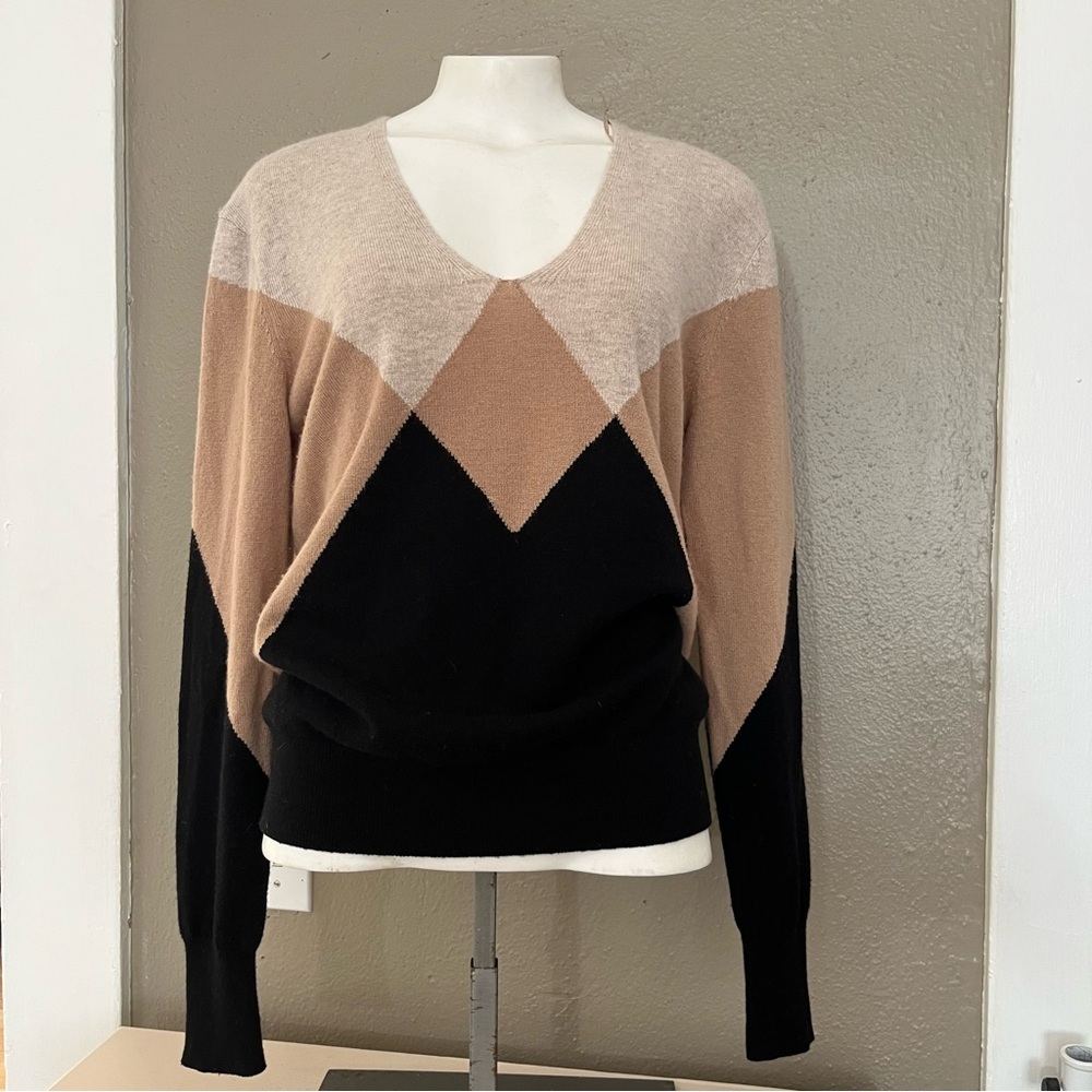 REISS Wool Cashmere V-Neck Colorblock Sweater Tan & Black Size XS